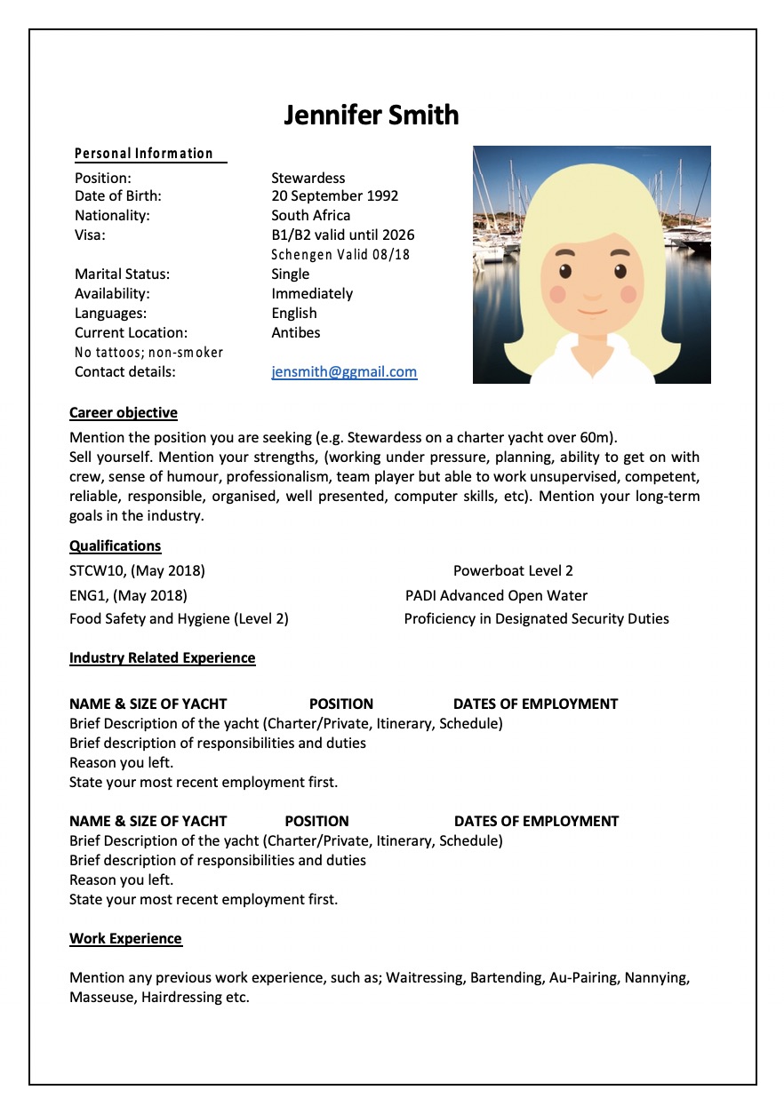 Yacht Crew Cv Information Template Download My Crew Kit