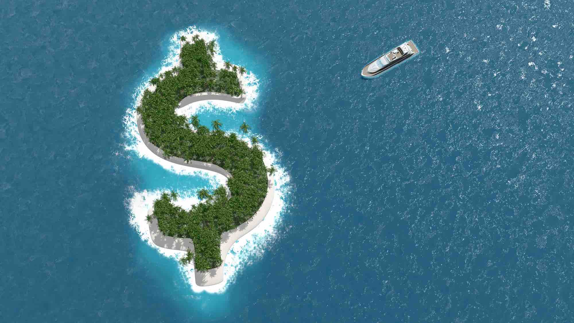 Tax haven, financial or wealth evasion on a dollar shaped island. A luxury boat is sailing to the island.