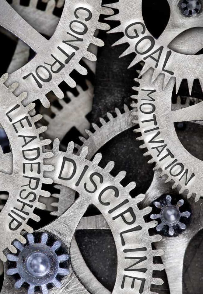 Macro photo of tooth wheel mechanism with DISCIPLINE, LEADERSHIP, SKILL, CONTROL and MOTIVATION concept letters