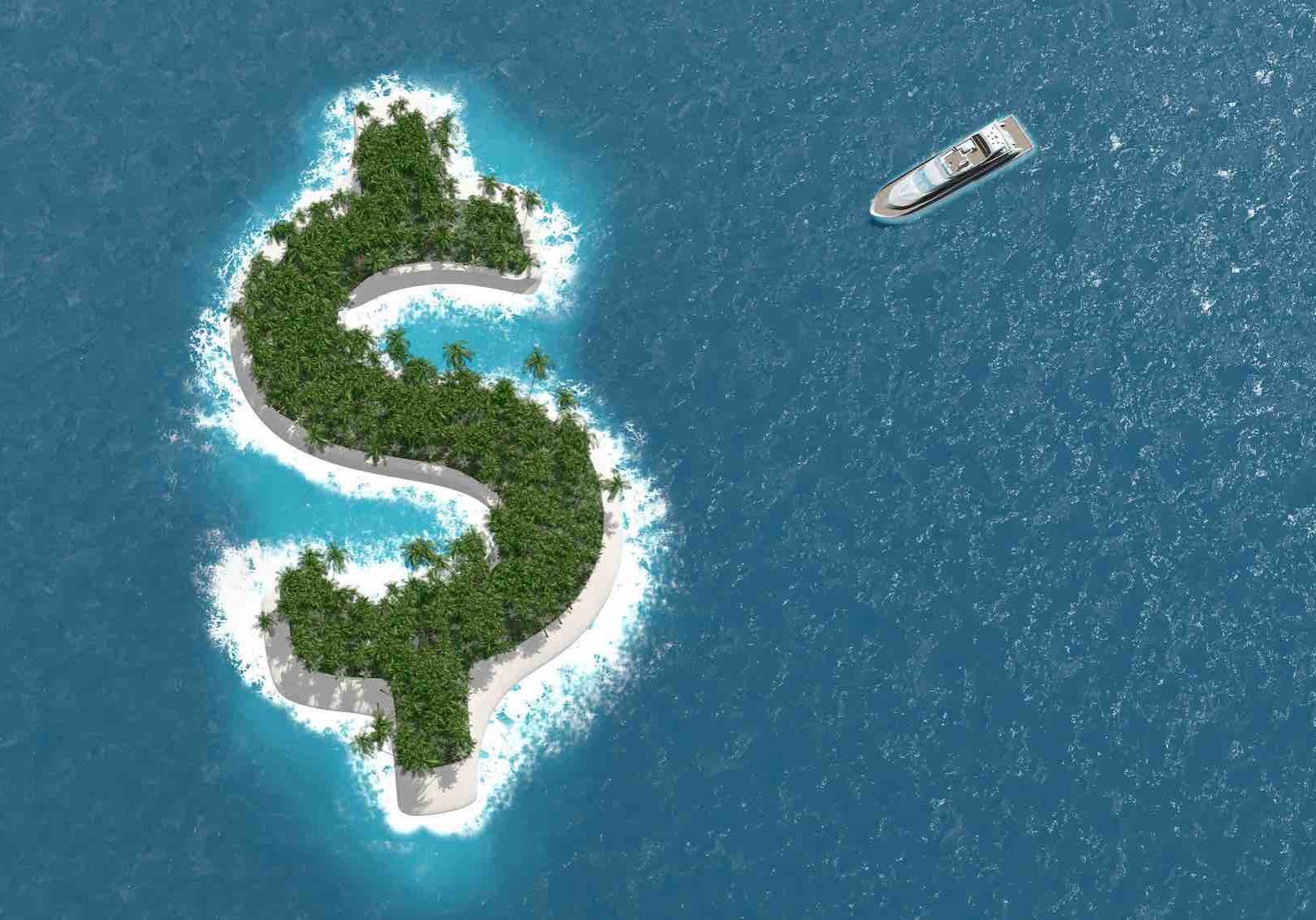 Tax haven, financial or wealth evasion on a dollar shaped island. A luxury boat is sailing to the island.